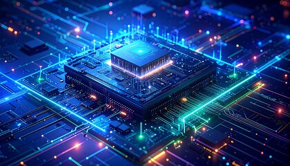 Abstract circuit board with glowing central processor