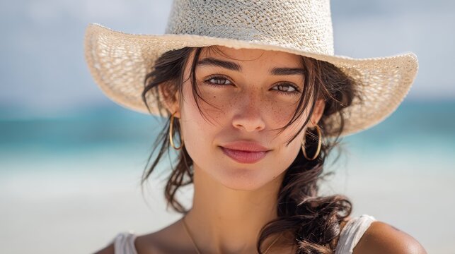 portrait of stylish latin hispanic woman with white straw hat standing at beach young smiling woman on vacation enjoy sea breeze wearing straw hat and looking at camera attractive beautiful girl no l