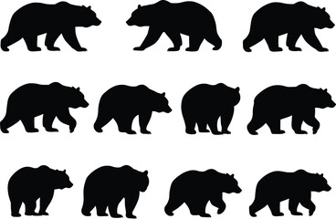 Bear walking silhouette set, black bear animal vector collection, wildlife illustration, bear movement poses for design, forest animal art