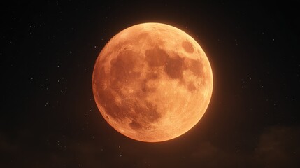 closeup of a rising full orange moon in a dark night sky