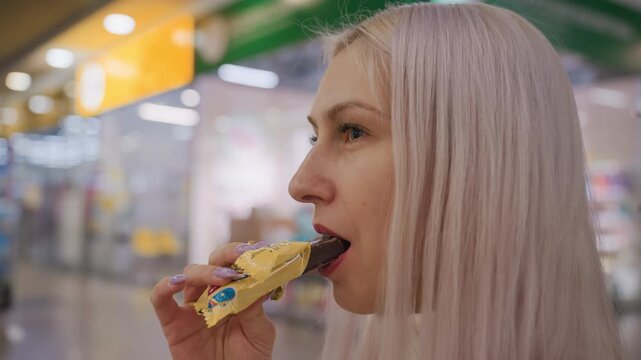 graceful lady standing in bright mall interior nibbling chocolate candy bar from wrapper, closeup side view captures delicate lavender nails and natural expression as she enjoys sweet snack break