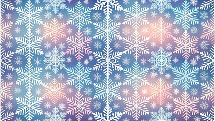 Seamless pattern of intricate white snowflakes on a blue and pink gradient background with bokeh lights, perfect for winter holidays