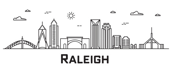 Raleigh line Art skyline. Travel Raleigh famous landmarks. Business and tourism concept for presentation, banner, web site. with white background