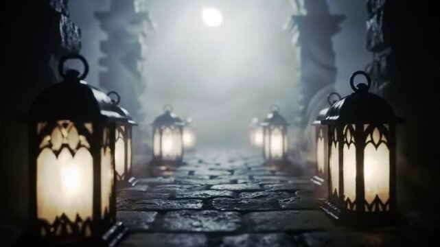 Mysterious stone passageway with lanterns