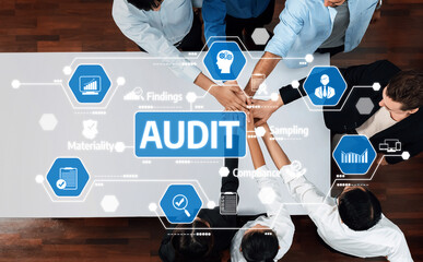 A visually engaging depiction of a collaborative audit process, showcasing teamwork among...