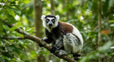Fototapeta premium Black and White Lemur in Lush Forest.
