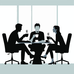 Three People with Coffee Mugs at a Desk