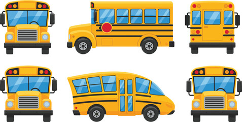 Yellow school buses in multiple views and styles, transportation vector illustration for education, safety, and vehicle design reference material © Creative Mind