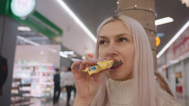 portrait of elegant woman in busy mall hallway biting chocolate bar from wrapper with delicate lavender nails, closeup of face and hand as she enjoys sweet snack against blurred mall backdrop