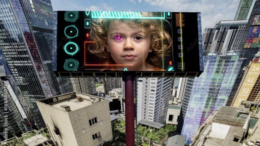 Poster city with overlayed code and data and billboard with with small girl face scan