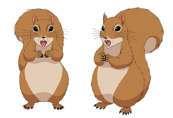 Illustration of a squirrel standing on 2 feet, full body, surprised. Shocked expression with an open mouth and frozen, standing still.