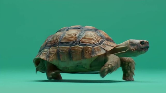 Brown tortoise on green surface, suitable for presenting nature, wildlife, or slowpaced themes in design, websites, or educational materials.