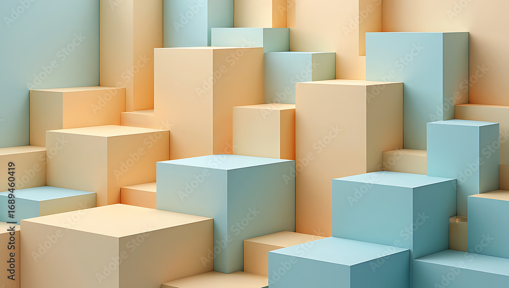 Fototapete abstract geometric arrangement of pastel colored cubes and rectangular blocks, creating a dynamic an