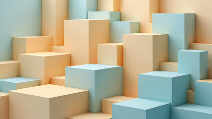Abstract geometric arrangement of pastel colored cubes and rectangular blocks, creating a dynamic and playful staircaselike structure with soft lighting