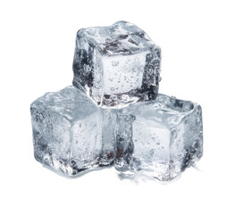 Three ice cubes stacked, showing facets and water droplets
