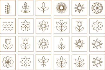 24 minimalist botanical line art icons simple plant flower vector illustrations for design and decoration