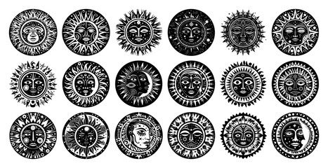 Vintage celestial sun face icons collection