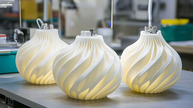 Three intricately designed, illuminated objects with wavy patterns displayed on a workbench.