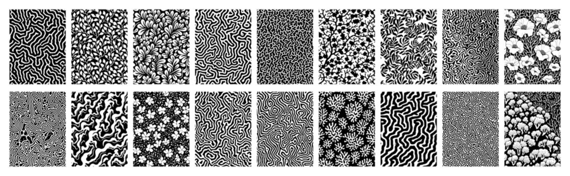 Set of monochrome abstract and organic seamless patterns