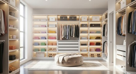 Bright Modern Walk-in Closet with Organized Shelves and Clothing Display in Neutral Colors