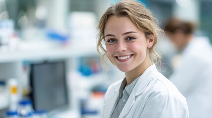 young medical student doing research in the clinical lab she is smiling and looking at camera copy space image place for adding text