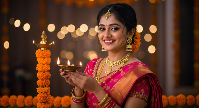 indian woman in saree holding oil lamp plate