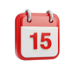 Red and white calendar with the number 15 isolated on transparent background