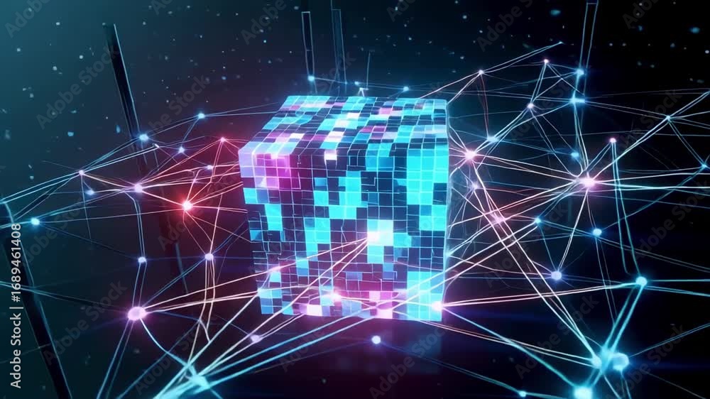 Poster abstract digital cube animation with network connections for technology background 3d render