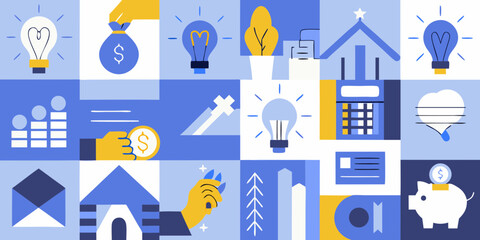 Creative finance and business growth concepts illustrated with flat design icons on a blue background © Rathin
