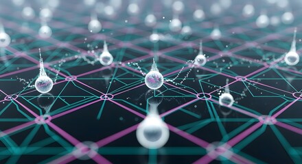 Abstract network of interconnected spheres with glowing lines and futuristic design elements shown