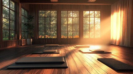 Serene yoga studio with warm sunlight and mats.