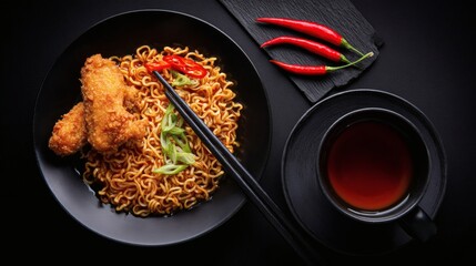 Spicy Instant Noodles with Crispy Fried Chicken and Red Chili on Black Plate with Tea, Overhead Food Still Life