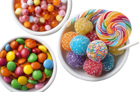 Three white bowls overflowing with colorful candies and a lollipop