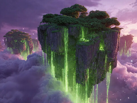 A surreal desert landscape with large green geode crystals and a glowing river.