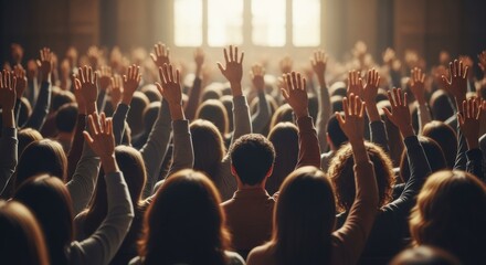 A diverse crowd of people in an auditorium with hands raised to vote, volunteer, or ask a question.