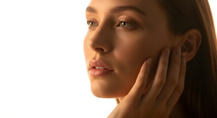 Beautiful young woman with glowing skin and a thoughtful expression, bathed in warm, soft light with a hand gently touching her cheek.