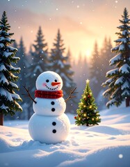 Obraz premium Snowman in snowy forest at sunrise
