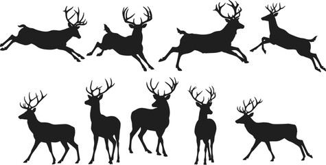 Deer silhouette vector set, wild animal illustration, jumping deer graphic, forest wildlife icon, majestic stag clipart, hunting nature design, animal movement silhouette