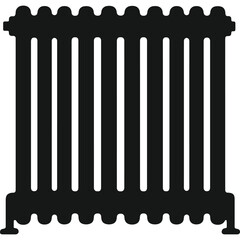 A black radiator with vertical bars and a scalloped top sitting against a white background in a square format silhouette