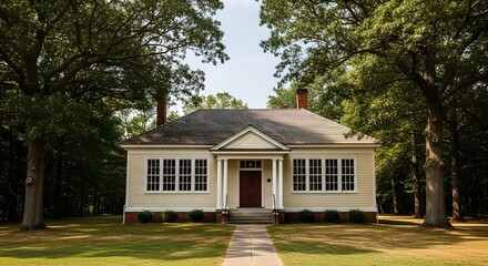 Historic Vintage Schoolhouse Surrounded by Trees
