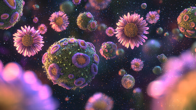 Surreal image of galactic garden with floating flowers and cosmic elements, creating dreamlike atmosphere. vibrant colors and imaginative design evoke sense of wonder - Powered by Adobe