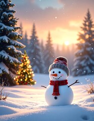 Obraz premium Snowman in snowy forest at sunset