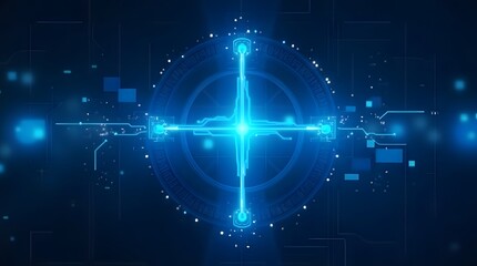 Fototapeta premium Health Theme, Blue medical cross glowing in futuristic digital background