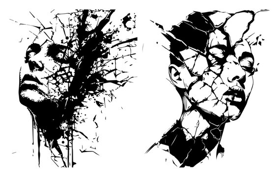 Abstract art of a woman's face shattering into grunge fragments