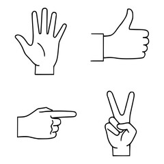 Four black-and-white hand gesture illustrations. Top left: open palm with fingers spread. Top right