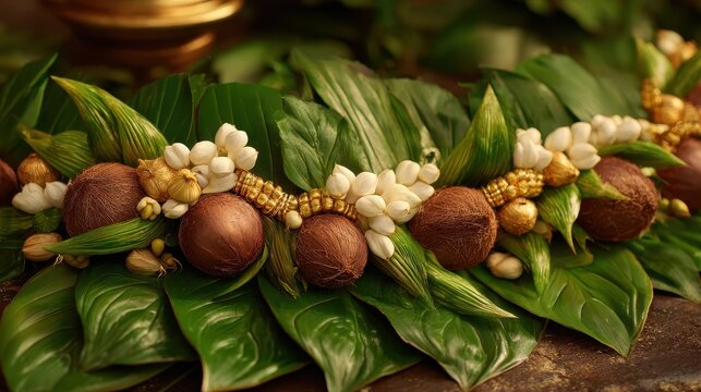 celebratory kalasam adorned with fresh green leaves and ripe coconuts symbolizing prosperity and auspicious beginnings during festivals and traditional ceremonies