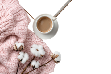 Pink knitted sweater, coffee, and cotton