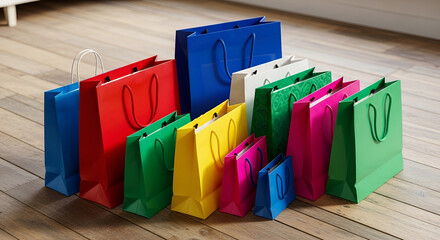 Tas Belanja Berwarna-warni dengan Tablet dan Buku Catatan, Colorful Shopping Bags with Tablet and Notebook