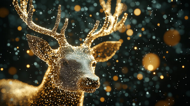 Glowing digital deer with intricate neon line art stands amidst flurry of sparkling particles, creating surreal and magical atmosphere. scene is illuminated with warm golden tones