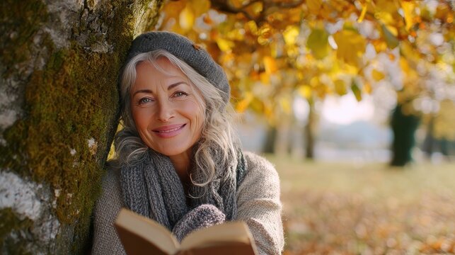 a medium shot of a happy senior woman relaxing under a tree while holding a book in an autumn park no logos no brands ar 169 - Powered by Adobe